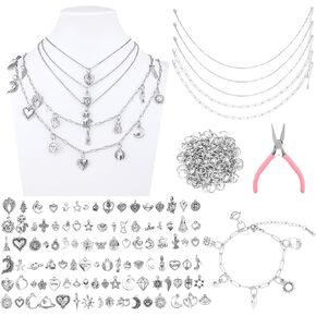 Landical 207 Pcs Jewelry Making Kit DIY Set Bangle Charm Bracelet Making Kit with 100 Charms, 100 Links, 1 Jewelry Pliers, 1 Bracelet, and 5 Necklaces for Women Beginner Arts and Craft Gift Activity