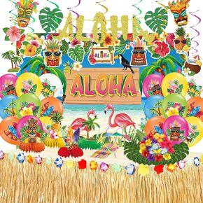 101PCS Hawaiian Themed Party Decorations Set, Tropical Beach Aloha Summer Party Supplies, Including Backdrop, Table Skirt, Honeycomb Centerpieces, Balloons for Luau, Tiki Birthday Party