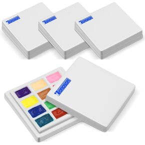Honoson 4 Pack 12 Wells Ceramic Palette with Covers Pure White Porcelain Painting Palette for Watercolor Gouache Color Painting Mixing Tray for Artists Professionals Students Hobby Crafts