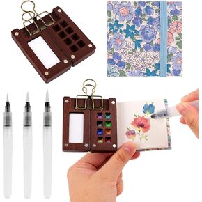 Framendino, Portable Sketchbook Palette Set 8 Grid Mini Wood Paint with Watercolor Paper Journal Brush Pens Clip