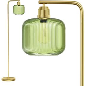 Glass Floor Lamp for Living Room, Modern Standing Lamp with Green Ribbed Glass Lampshade and Pedal Switch, 66" Tall Lamp & Gold Floor Lamp for Bedroom Study Room,Brushed Gold(3000K LED Bulb Included)
