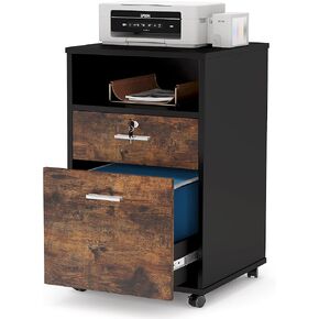 TRIBESIGNS WAY TO ORIGIN Mobile File Cabinet with Lock, 2 Drawer Wood Filing Cabinet for Letter Size, Modern Printer Stand with Rolling Wheels Open Storage Shelf for Home Office (Brown)