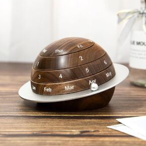 Rotating Wooden Calendar - Walnut Wood Detachable Planetary Desk Calendar, Spherical Perpetual Calendar for Home & Office Decor, Unique Gift Idea(02 Walnut).