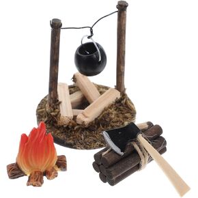 VICASKY Dollhouse Miniature Hanging Stove Fairy Gardens Camping Decoration Mini Campfire with Firewood Axe and Retro Matches Pretend Play Toys Dollhouse Accessories for Micro Scenic Landscaping