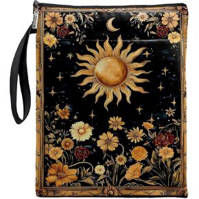 Mystic Sun and Moon Tarot Book Cover, Vintage Flower Zipper Book Sleeves Protector for Book Lovers, Kindle Sleeve Pouch, Bookish Gifts