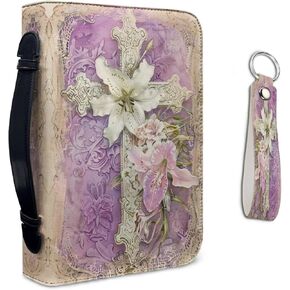 Lotusorchid Highland Cow Print Bible Cover Case for Women with Leather Keychain, Large Bible Book Cover Bible Case Bible Carrying Case with Zipper Handle for Bible Study, Green and Brown, Size M