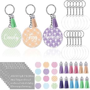 12 مجموعات 44 PCS DIY اسم Keychain Kit acrylic keychain keychain blanks واضحة مستديرة المفاتيح أقراص دائرة شفافة مع ملصقات اسم نمط الشرابات لمشاريع DIY الحرف الحرف عيد ميلاد حفلة عيد ميلاد