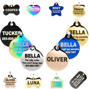 Engraved Dog Tags Personalized - Stainless Steel Engraved Dog Cat ID Tags Front & Back up to 8 Lines of Text Color Plating Gold, Rose Gold, Blue, Black, Nebula Round Regular