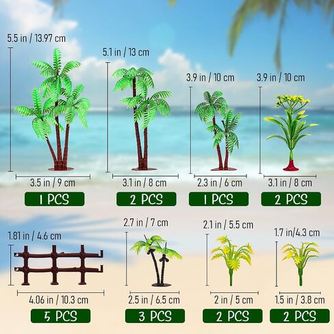 Folmywy 18 Pcs Miniature Palm Coconut Tree Model Micro Rainforest Diorama Supplies with Base Fence Mixed Plastic Trees Plant Accessories for DIY Crafts Cake Topper Train Railroad Garden in Saudi Arabia