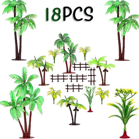 Folmywy 18 Pcs Miniature Palm Coconut Tree Model Micro Rainforest Diorama Supplies with Base Fence Mixed Plastic Trees Plant Accessories for DIY Crafts Cake Topper Train Railroad Garden in Saudi Arabia