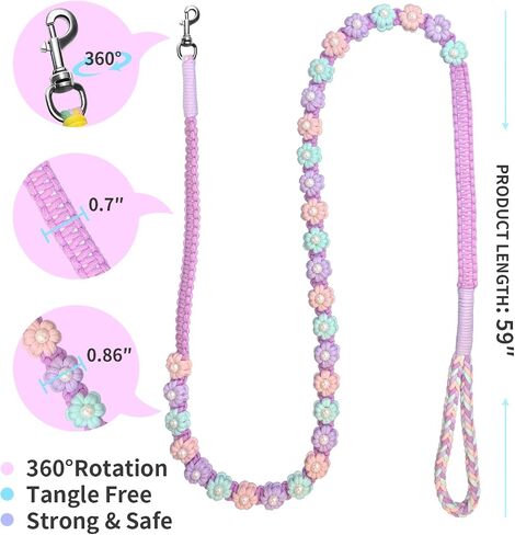 Handmade Braided Dog Leash with Floral Design, Soft Cotton Rope - Lightweight Spring Summer Leash for Small Medium Dogs, 59in Safe & Durable (Wisteria Whisper) in Kuwait