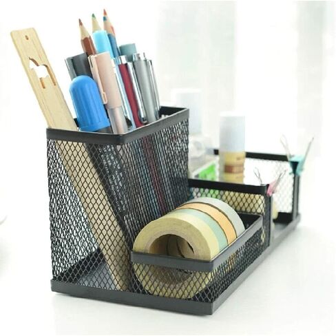 Corner Cabin Mesh Desk Office Organizer for Paper Clip, Mesh Desk Organizer, 3 in 1 Metal Pen Holder Office Supplies Caddy for Paper Clip, Sticky Note, Pen(3 Compartments, Black) in Saudi Arabia