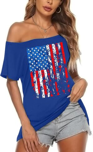 Women American Flag Off Shoulder T Shirt Fourth of July America Patriotic Tee Shirt USA Stars Stripes Tee Top in Saudi Arabia