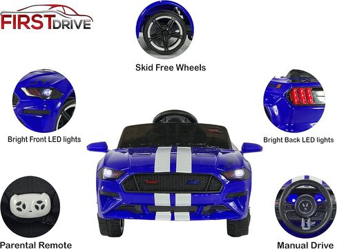 Mustang - Ride on Car - Electric Car for Kids - Kids Car with Parent Remote, MP3 Music Playback, AUX Port, Spring Suspension, LED Lights, Rear Wheel Drive, for Boys/Girls (Blue) in Saudi Arabia