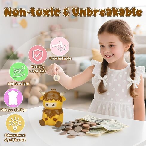 Highland Cow Piggy Bank for Kids, Small Piggy Bank Unbreakable Resin Kids Coin Money Bank, Great Birthday for Boys Girls and Toddlers Home Decor, 5 Inch in Kuwait