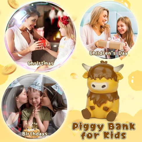 Highland Cow Piggy Bank for Kids, Small Piggy Bank Unbreakable Resin Kids Coin Money Bank, Great Birthday for Boys Girls and Toddlers Home Decor, 5 Inch in Kuwait