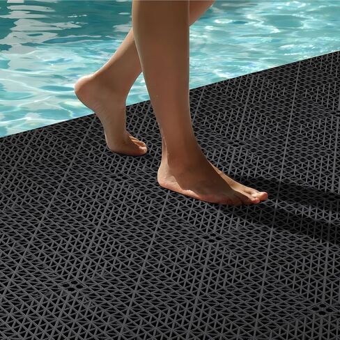 16 PCS Modular Interlocking Cushion, Interlocking Rubber Floor Tiles Rubber Mats Drainage Mat with Hole, Non Slip Pool Deck Mat Outdoor 10" x 10" for Drain Deck Pool Patio Balcony Shower Kitchen,Black in Saudi Arabia