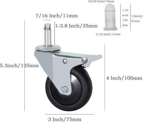 Stem Casters Wheels, 7/16" x 1-3/8" Swivel Casters with Brake TPR Casters 700 Lbs Load Capacity Replacement Wheels Casters Set of 4 (With Brake, 3 Inch) in Kuwait
