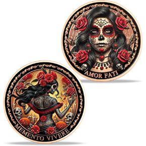 Memento Mori Coin – Rose Skeleton Woman with Amor Fati & Memento Vivere | Day of The Dead Gothic Challenge Coin | Inspirational Keepsake Gift for Men & Women | Stoic Life Reminder