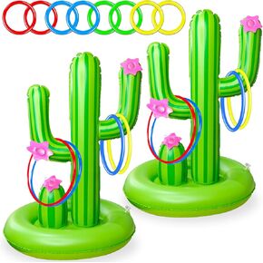 2 Pack Pool Toys Games Set, Inflatable Luau Cactus Pool Ring Toss Toy with 8 Plastic Rings and Wider Base for Multi-Players Boys Girls Adults Family Outdoor Summer Hawaiian Beach Party Supplies