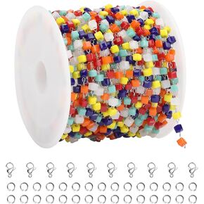 KYUNHOO 16.4 Feet Multicolored Bead Link Chain Spool Thin Cable Chain Roll Stainless Steel Craft Chains for Jewelry Making with Lobster Clasps and Jump Rings