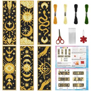 INFUNLY 6 Set Sun Moon Cross Stitch Bookmark Kit for Beginners Star DIY Cross Stitch Kits 8.54"x2.99" Pre-Printed Snake Stamped Embroidery Bookmark Kit with Instruction for Book Lovers Reader