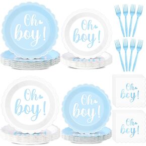96PCS Oh Boy Baby Shower Decorations Blue Foil Scalloped Paper Plates Napkins Oh Boy Tableware Party Supplies Blue Baby Shower Dinnerware for Gender Reveal Birthday Welcome Party Favors
