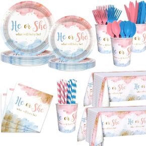 194 PCS Gender Reveal Decorations Pink and Blue Paper Plates Cups and Napkins Sets He or She Baby Gender Reveal Party Supplies Disposable Tableware Set with Tablecloth Serves 24 Guests