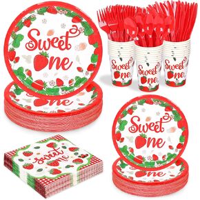 168 Pcs Strawberry Birthday Party Plates Napkins Forks Supplies Sweet One 1st Birthday Party Fruit Tableware Set Disposable Strawberry Theme Decoration for Kids Serve 24 Guests