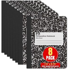 1InTheOffice Wide Ruled Composition Notebook 7.5" x 9.75", Wide Ruled Paper, 100 Sheets, White/Black, (8/Pack)
