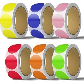 1-Inch Round Color Coding Labels – 6 Rolls, 6000 Matte Finish Adhesive Stickers in Red, Blue, Green, Yellow, Orange, Pink – Writable, Strong Adhesion for Office, School, Inventory, Organization