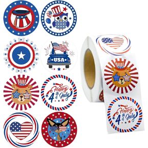 500PCS Patriotic Round Stickers, 8 Independence Red White Blue Designs Roll Decals 4th of July USA Gift Adhesive Labels for Craft DIY Greeting Card Candy Cookie Bags Memorial Day Decor, 1.5In
