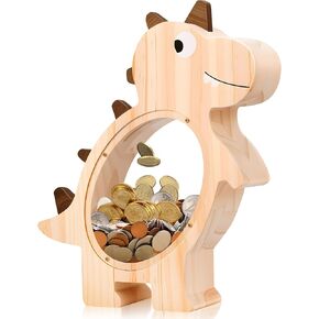 Dinosaur Piggy Bank for Kids,Unbreakable Piggy Bank for Boys Girls,Wooden Personalized Money Bank with Transparent Savings Window, Birthday Gift & Room Decor