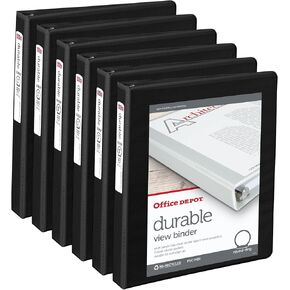 Office Depot® Brand Durable Round-Ring View Binders, 1" Rings, Black, Pack Of 6 Binders