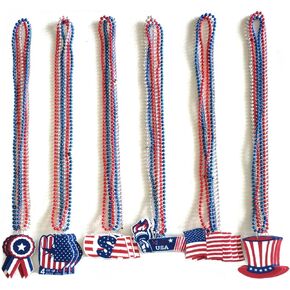 18 Pcs 4th of July Bead Necklaces, Red Blue Silver Metallic Beaded Necklaces Hanging With Patriotic Felt Pendants For 4th of July Decoration, Patriotic Events, Independence Parade
