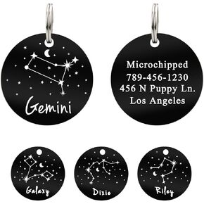 UltraJoys Stainless Steel Pet ID Tag Dog Name Tags Personalized Front and Back Engraving, Customized Dog Tags and Cat Tags, Horoscope Zodiac Stars Dog Tag, Round Black Tag with Aries Design, Large