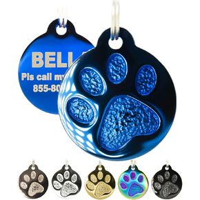 Engraved Pet Tag for Dogs and Cats - Personalized Front & Back up to 8 Lines of Text Custom Engraved ID, Round Paw Print Solid Plating Stainless Steel in 5 colors: Gold, Rose Gold, Blue, Black, Nebula