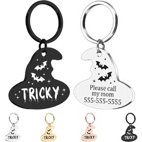 Magic Hat Personalized Pet ID Tag, Customized Name Plate for Anti-Lost Dog Collar, Witch Friendly Cat Tags, Funny Spooky Witch Hat Engraved Black Cat Tag