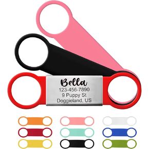 PAWNIMALS Stainless Steel Pet Tag ID, Slide On - 3 Silicone Bands, Silent, Custom Paw Prints & Bone Dog Tags, Cat Name Engraved, No Jingle, Big Dogs & Small Puppies, Multiple Colors & Sizes