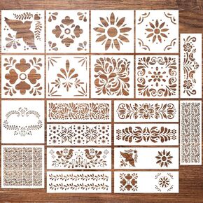 Marspark 20 Pcs Talavera Stencil Floral Folk Mexican Stencils Flower Border Corner Drawing Stencil for Furniture, Home Decor, Floor