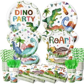 300 Pcs Dinosaur Plates and Napkins (Serves 50 Guests), Dinosaur Birthday Party Supplies Include Forks Cups Straws Tableware Set for Kids Party Decorations