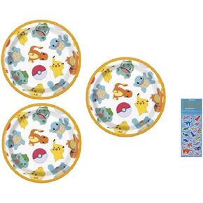 Unique Pokemon Birthday Party Supplies Bundle Pack includes 24 Dessert Cake Paper Plates 7" and 1 Dinosaur Sticker Sheet