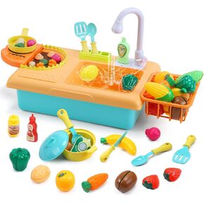 CUTE STONE Kids Pretend Play Sink with Running Water, Toddler Sink Toy with Upgraded Electric Faucet, Play Kitchen Accessories, Cooking Stove, Vegetable Garden Toys, STEM Learning Gift for Ages 3+