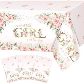 Avezano 3 pcs Girl Baby Shower Tablecloth 108x54 inch Pink Floral Baby Shower Party Tablecovers Disposable A Sweet Little Girl is on Her Way Table Cloth Plastic