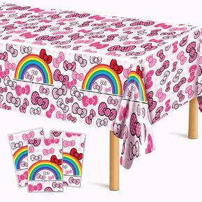 3Pcs Pink Bow tie Happy Birthday Decorations, Cartoon Cat Birthday Party Tablecloth, Disposable Rectangle Table Cover for Kids and Girls Party Theme Supplies(54 X 108Inch)