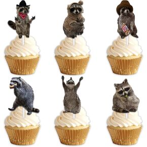 18pcs Glitter Dessert Cupcake Topper Woodland Raccoon Theme Decor Supplies Men Women Happy Birthday Baby Shower Party Decorations
