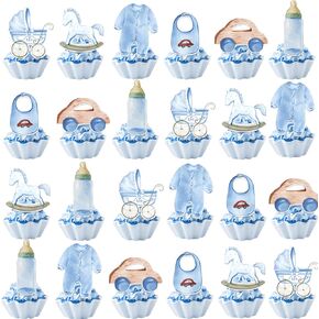 48 Pcs Watercolor Blue Baby Boy Party Cupcake Toppers for Boy Gender Reveal Birthday Baby Shower Party Decorations