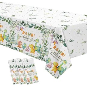 Dinosaur Baby Shower Decorations Tablecloth, 3 Pack Disposable Dino Theme Baby Boy Party Tablecover Supplies, 86in x 55in