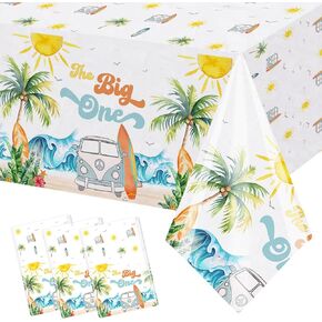 MEHOFOND 3 Pack Retro The Big One Tablecloth Boy 1st Birthday Decorations Surfing 1st Birthday Table Covers Summer Beach Wave Theme Boy First Birthday Supplies