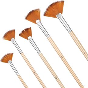 Fan Brush for Painting, 5 Pcs Fan Brush Set Long Wood Handle Paint Brushes Soft Anti-Shedding Professional Artist Painting Brushes for Acrylic Oil Gouche Watercolor
